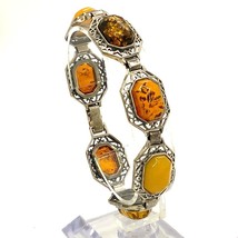 Vintage Signed Sterling Poland Art Deco Baltic Amber Stone Panel Link Bracelet 7 - £75.16 GBP