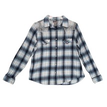 Wrangler Wrancher Women&#39;s XL Blue Plaid Flannel Pearl Snap Lace Western Shirt - £20.94 GBP