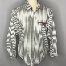 Vintage 90s Russ Studio Button Down Shirt 8 Blue White Striped Floral Trim - £13.14 GBP