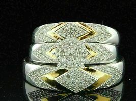 Gold Plated 925 silver Round 2.50CT Simulated Diamond Trio Ring Set Wedding - £109.50 GBP
