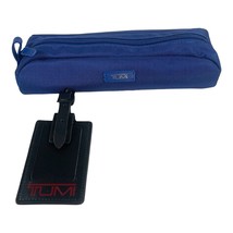 Tumi Accent Kit Bag Blue Travel Case 8&quot;x2&quot; Zipper &amp; Black Leather Luggage Tag - $65.44