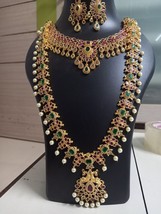 Bollywood Indien Plaqué Or Zircone Ad Chaîne Collier Boucles Rouge Rubis Bijoux - £112.04 GBP