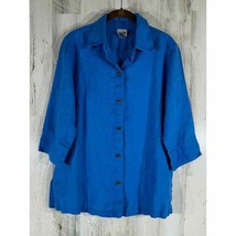 Chicos Linen Shirt Blouse Blue Button Front 3/4 Sleeve Size 1 Medium - £15.52 GBP
