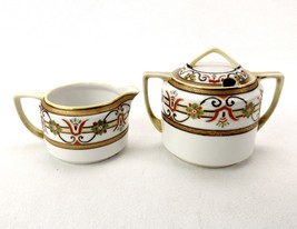 Vintage Cream &amp; Sugar Bowl Set, Hand Painted Nippon, Floral Pattern, Gold Paint - £23.11 GBP