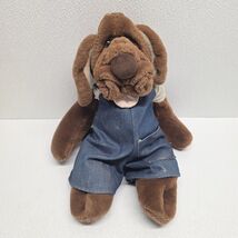 Vintage 1981 Wrinkles Dark Brown Dog Hand Puppet Plush Denim Overalls Ga... - $34.55