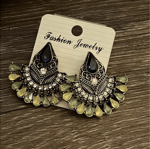 Black Yellow Green Jeweled Chandelier Boho Fan Fashion Earrings NEW - £7.46 GBP