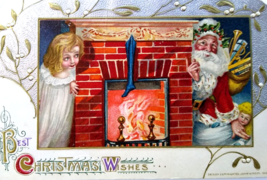 Santa Claus John Winsch Christmas Postcard Girl Fireplace 1912 Germany Embossed - £78.72 GBP