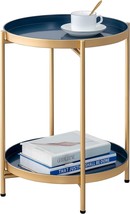 FUNME Folding End Table 2-Tier Metal Round Side Table w Removable Tray Gold Blue - £29.88 GBP