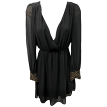 Xtaren Womens Mini A Line Dress Black Pleated V Neck Snap Long Sleeve Beads S - £14.18 GBP