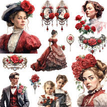 20 Pcs Red Rose Victorian Girl Fashion Scrapbooking Stickers Lot Journal... - £6.19 GBP