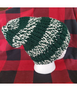 Handmade Green and White-Striped wool blend knit beanie w/brim - £7.98 GBP