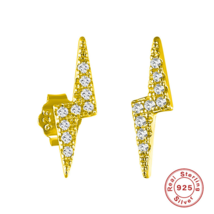 Anyco Earrings Gold Plated Minimalist Pavé White Zircon Lightning Small Stud  - £13.30 GBP