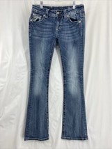 Miss Me Bootcut Women&#39;s Blue Denim Jeans Whisker Faded Rhinestone Stud S... - £18.67 GBP