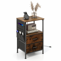 Nightstand with Charging Station Industrial Bedside Table with 2 Drawers - £70.61 GBP