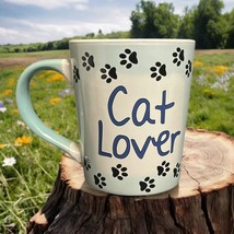 Tumbleweed Pottery Mug CAT LOVER Ceramic Coffee Tea Cup Paw Prints White &amp; Blue - £10.90 GBP