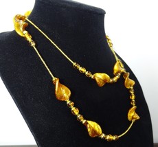 Vintage Hilary London Murano Glass Beads Long Necklace Gold Bronze Amber - £51.95 GBP