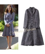 Kate Middleton Inspired Lapel Collar Tweed A-line Flared Coat Dress in Grey - $233.22 CAD