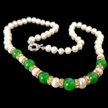 Beautiful Green Jadeite Gemstone &amp; Freshwater Pearl 17&quot; Necklace, Estate Jewelry - £15.18 GBP