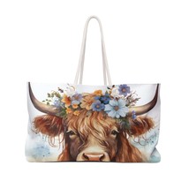 Personalised/Non-Personalised Weekender Bag, Highland Cow, with Blue floral crow - £38.18 GBP