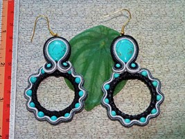 Handmade Soutache Beaded Hoop Earrings Earrings - Turquoise Blue - £17.64 GBP