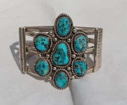 Native American Nugget Turquoise Flower Cluster Sterling Silver Bracelet Cuff - £371.70 GBP