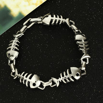 New Design Fish Bone Linked Bracelet Stainless Steel Silver Color Handmade Unise - £9.64 GBP
