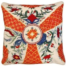 Throw Pillow CHIC Needlepoint Imari Flowers 18x18 Beige Wool Cotton Velvet - $289.00