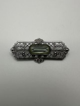 Vintage Sterling Silver Light Green Hue Accent Victorian Style Ornate Brooch - £58.72 GBP