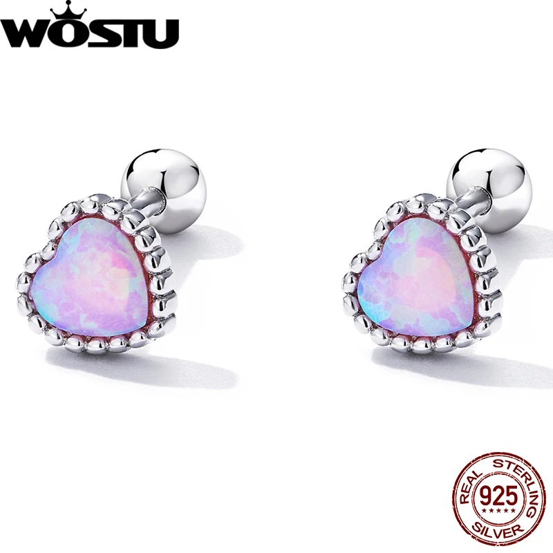 925 Sterling Silver Classical Heart Shape Pink Opal Stud Earrings For Women Simp - £20.09 GBP