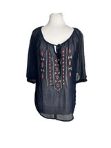 Signature Studio Womens Peasant Top Size Small Semi Sheer Embroidered Navy Blue - £15.11 GBP