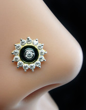 Vero Oro Naso Bottone Verde Cerchio Zirconi 14K Etnico Piercing Anello Push Pin - £53.47 GBP
