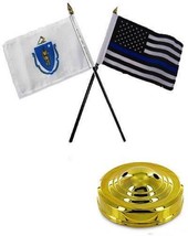 Massachusetts State &amp; USA Police Blue 4&quot;x6&quot; Flag Desk Set Table Stick Gold Base - £5.41 GBP