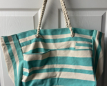 Canvas Striped Beach Bag Large With Pockets Green Cream Rope Handles - $14.81