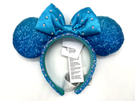 Disney Parks Blue Aqua Sequined Minnie Mouse Ear Headband Crystal Bow NW... - $20.29