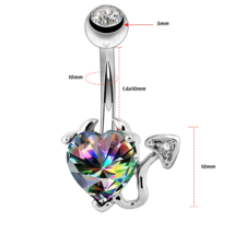 1PC Devious Heart 316L Surgical Steel 14G Cubic Zirconia Navel Barbell Piercing - £8.02 GBP