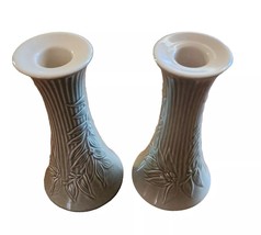 Pair Lenox Sage Green Ceramic Candlestick Holders Woodland Leaves 6&quot; Tall - $24.52