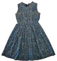 Vintage Fit Flare Sleeveless Dress Peacock Feather Print Mandarin Collar Handmad - £21.69 GBP