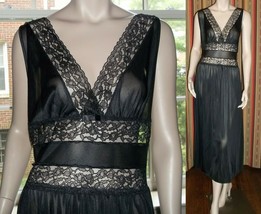 Milco Black Medium  Nightgown Banded Lace Waist V Neck Negligee - $49.49
