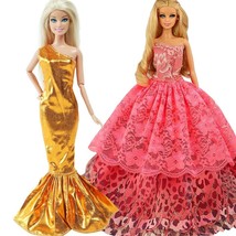 Gold Color Fishtail &amp; Pink Wedding Gown Evening Party Dress For Barbie Doll - £13.64 GBP