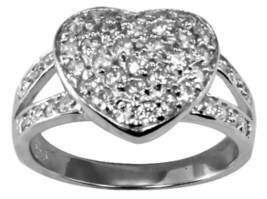 Womens Solid Sterling Silver 925 CZ Pave Heart Ring Cubic Zirconia  - £19.30 GBP