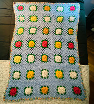 Vintage Handmade Crochet Afgan Baby Blue Field Multi-color Roses Throw B... - $39.55