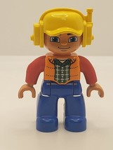 Lego Duplo Figure Male, Blue Legs, Orange Vest, Yellow Cap Headphones D308 - £2.20 GBP