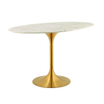 48&quot; Oval Tulip Dining Table White Genuine Stone Artificial Marble Top Gold Base - £687.41 GBP