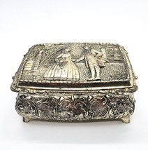Vintage Metal Trinket Jewelry Box Red Liner Ornate Detailed Couple - £39.86 GBP