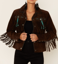Women&#39;s Turquoise Bead Suede Western Cowgirl Style Leather Jacket with F... - $89.87+