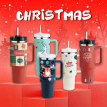 Christmas Thermal Mug 40oz Straw Coffee Insulation Cup With Handle Portable Car - £8.50 GBP+