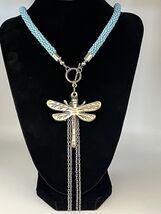 Vintage Dragonfly Pendant Necklace, Turquoise- colored Glass Beaded Rope - $79.70