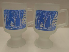 Vintage Frosted Glass Pedestal Mugs with Blue Winter Scene, Set of 2, Tiara 1982 - £8.95 GBP