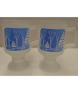Vintage Frosted Glass Pedestal Mugs with Blue Winter Scene, Set of 2, Ti... - £8.86 GBP