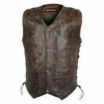 Men&#39;s Motorcycle Vest High Mileage Vintage Brown 10 Pocket Vest by Vance Leather - £94.61 GBP+